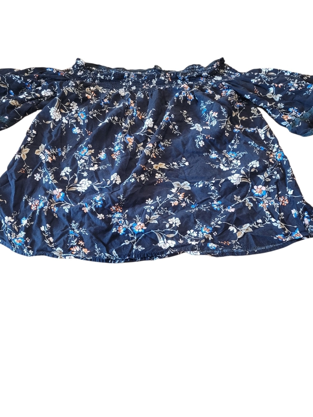 Papermoon Women’s M Floral Off Shoulder Blouse Navy Boho 100% Rayon Top - Picture 1 of 8